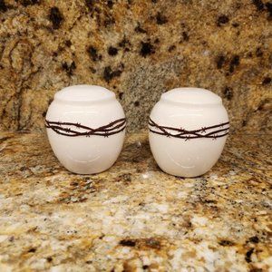 Brand New in Box HiEnd Accents BARBWIRE SALT & PEPPER SHAKER SET, 3" x 3.25" H